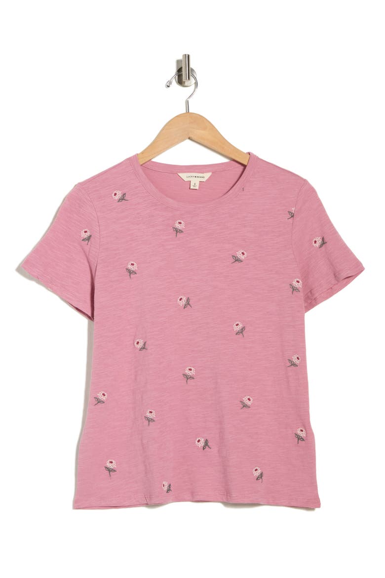 Embroidered Cotton T-Shirt, Alternate, color, ROSE PRINT MIX