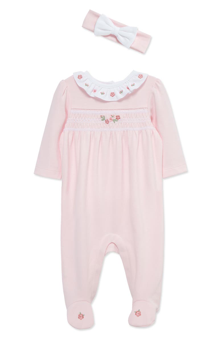 Little Me Rose Ruffle Cotton Footie & Headband Set, Main, color, Pink