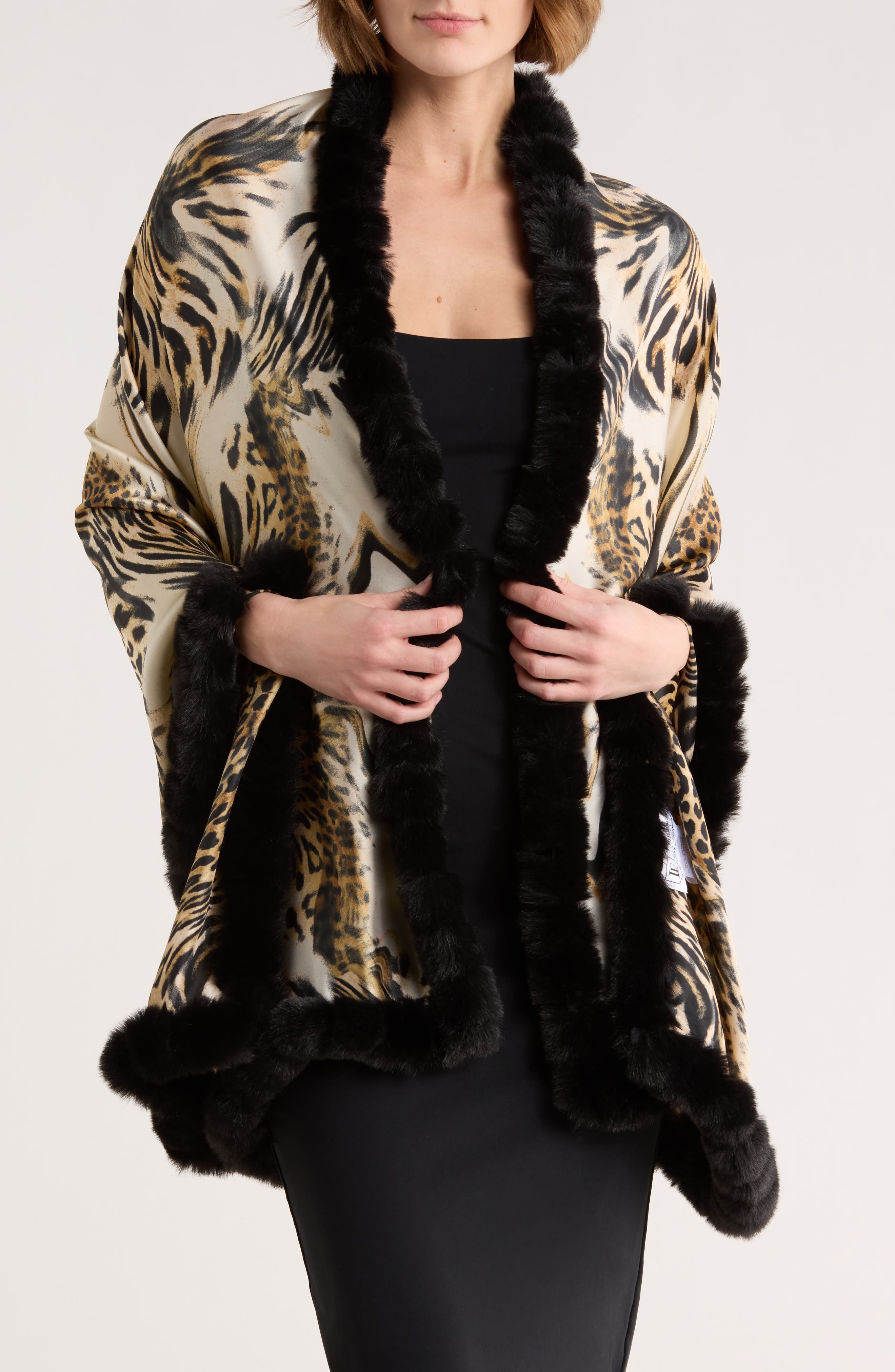 La Fiorentina Faux Fur Trim Animal Print Wrap Scarf