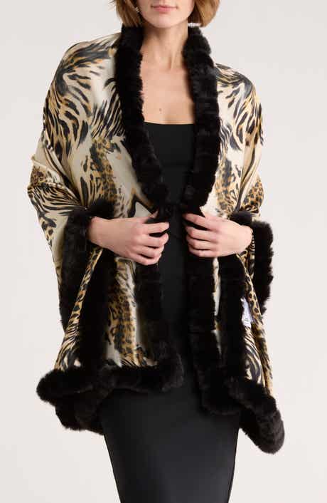 La Fiorentina Faux Fur Trim Animal Print Wrap Scarf