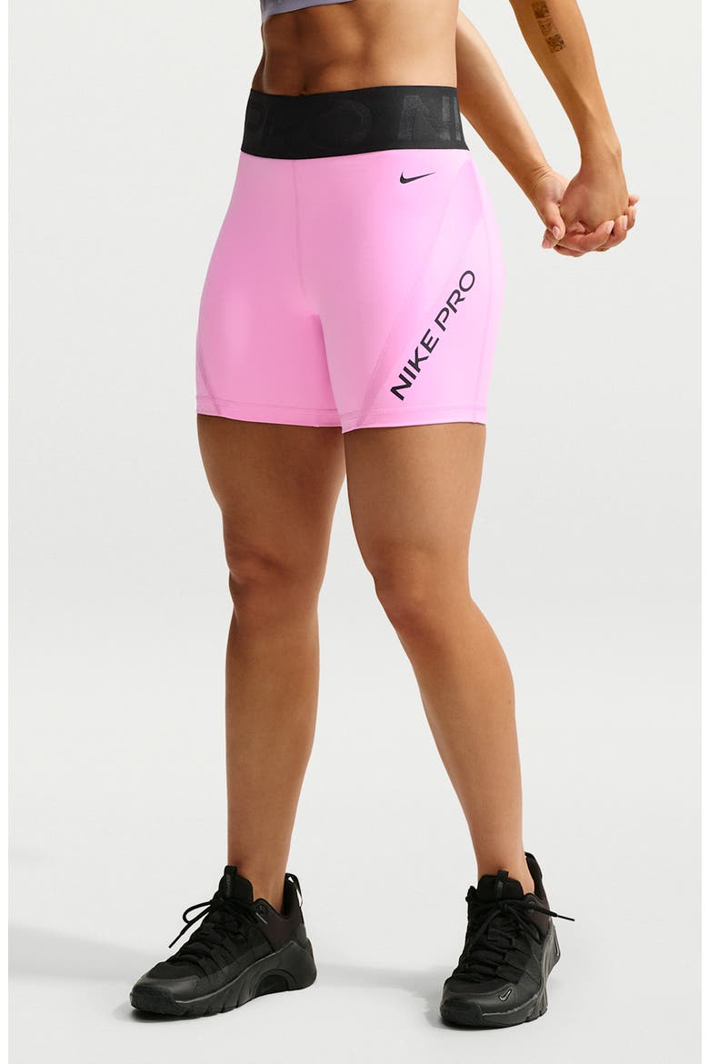 Pro Performance Mid Thigh Shorts, Main, color, PINK RISE/ BLACK/ BLACK