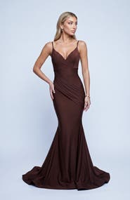 Jessica Angel Ruched Plunge Neck Mermaid Evening Gown