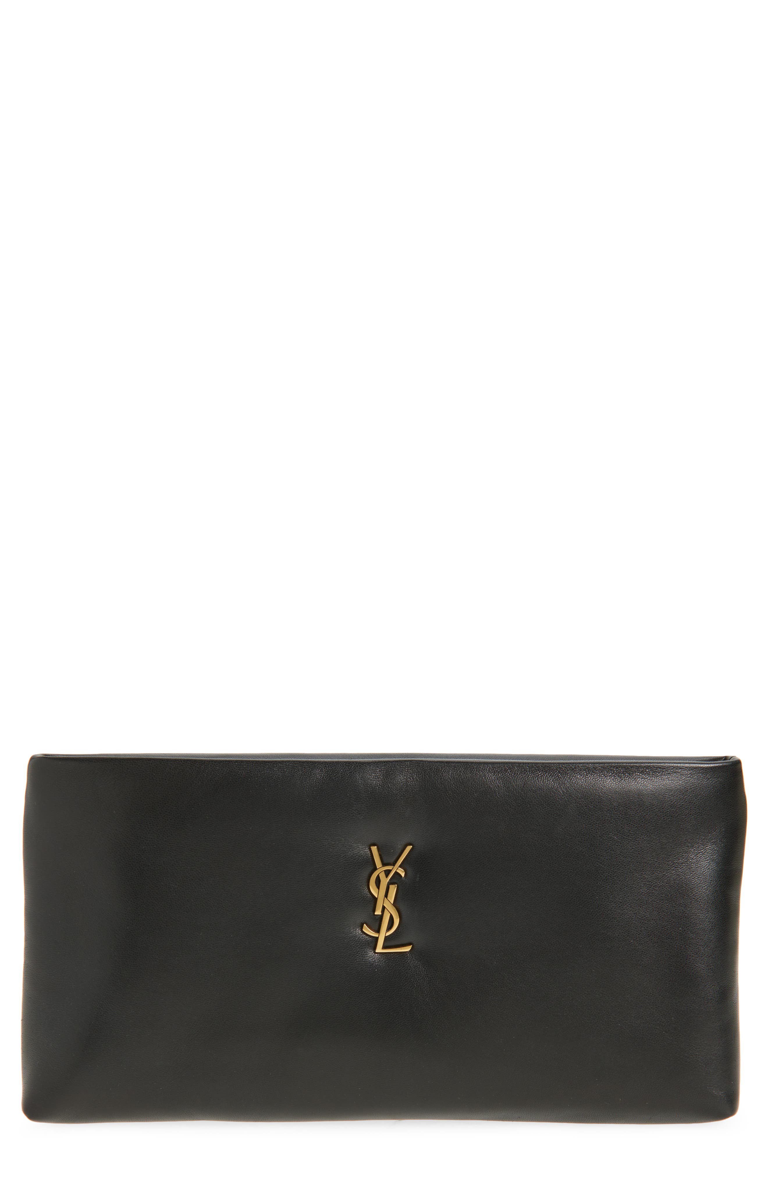 Saint Laurent Calypso Long Leather Pouch Clutch, Main, color, Noir