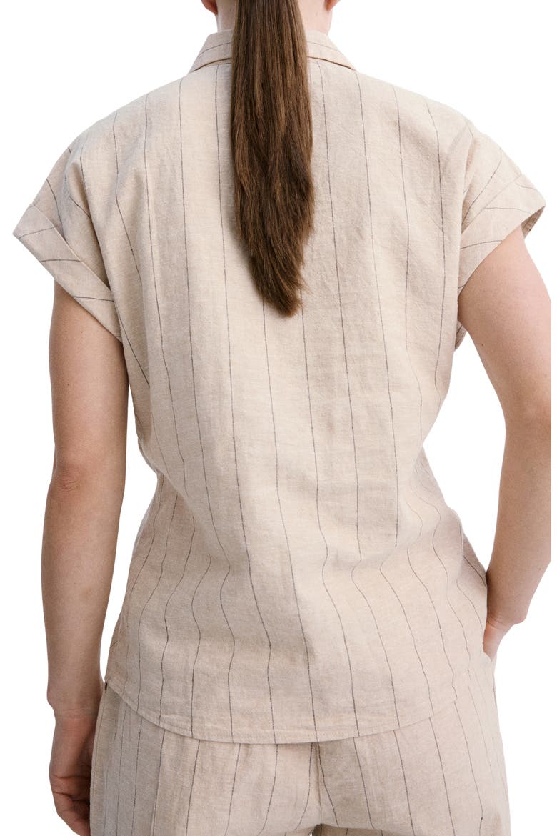 Pinstripe Tie Waist Linen & Cotton Shirt, Alternate, color, BROWN