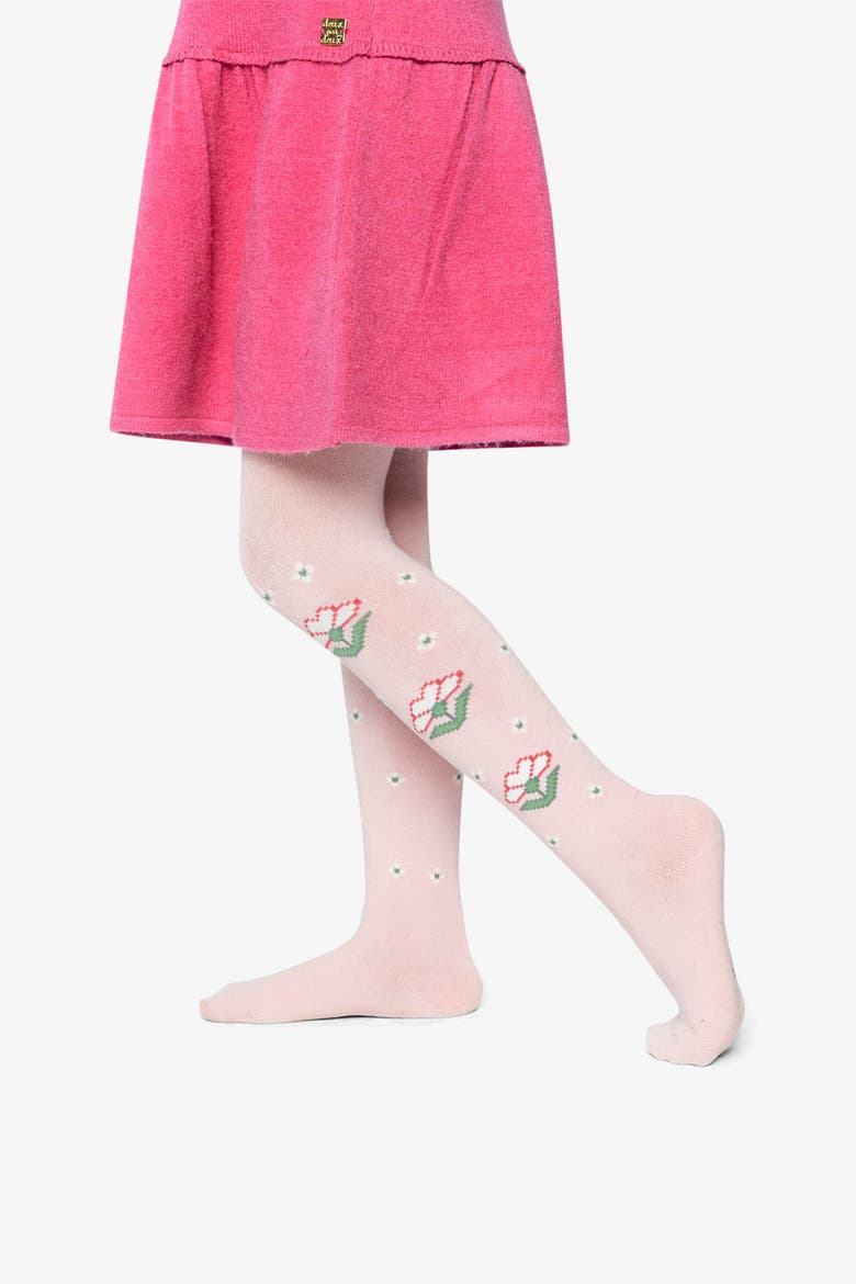 Floral Motif Ribbed Waistband Knit Tights, Alternate, color, Pale Dusty Pink