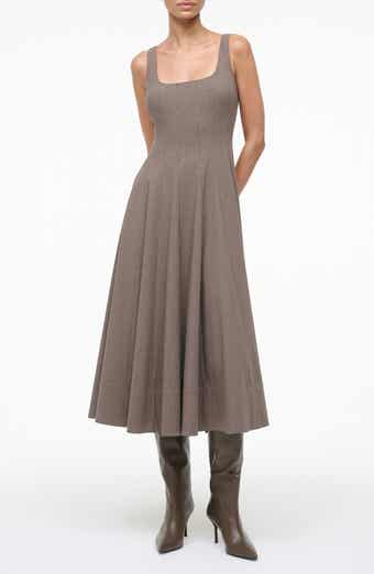 STAUD Wells Houndstooth Fit & Flare Midi Dress