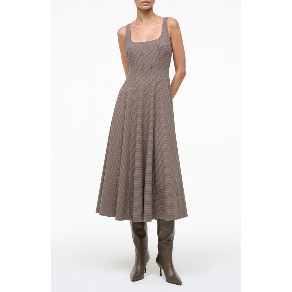 Staud Wells Houndstooth Fit & Flare Midi Dress In Brown
