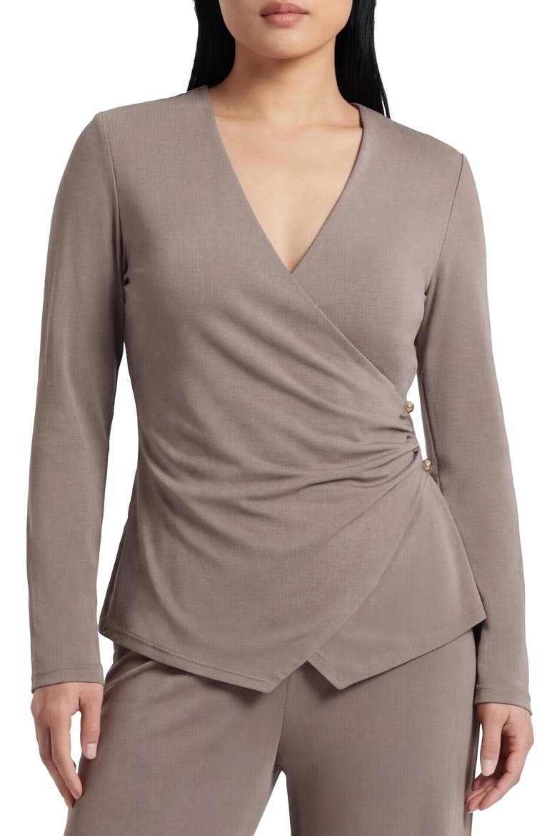 Cappuccino Long Sleeve Faux Wrap Top, Main, color, CAPPUCCINO