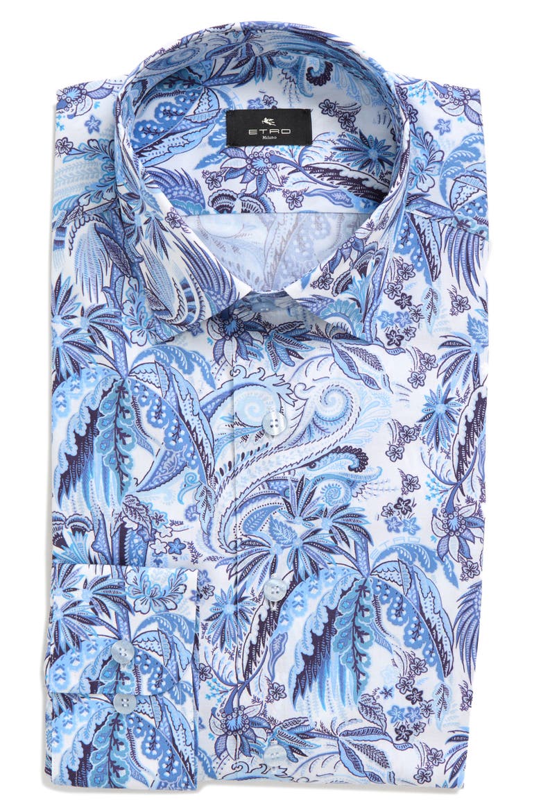 Roma Spread Collar Paisley Button-Up Shirt, Main, color, PRINT ON PALE BLUE BASE