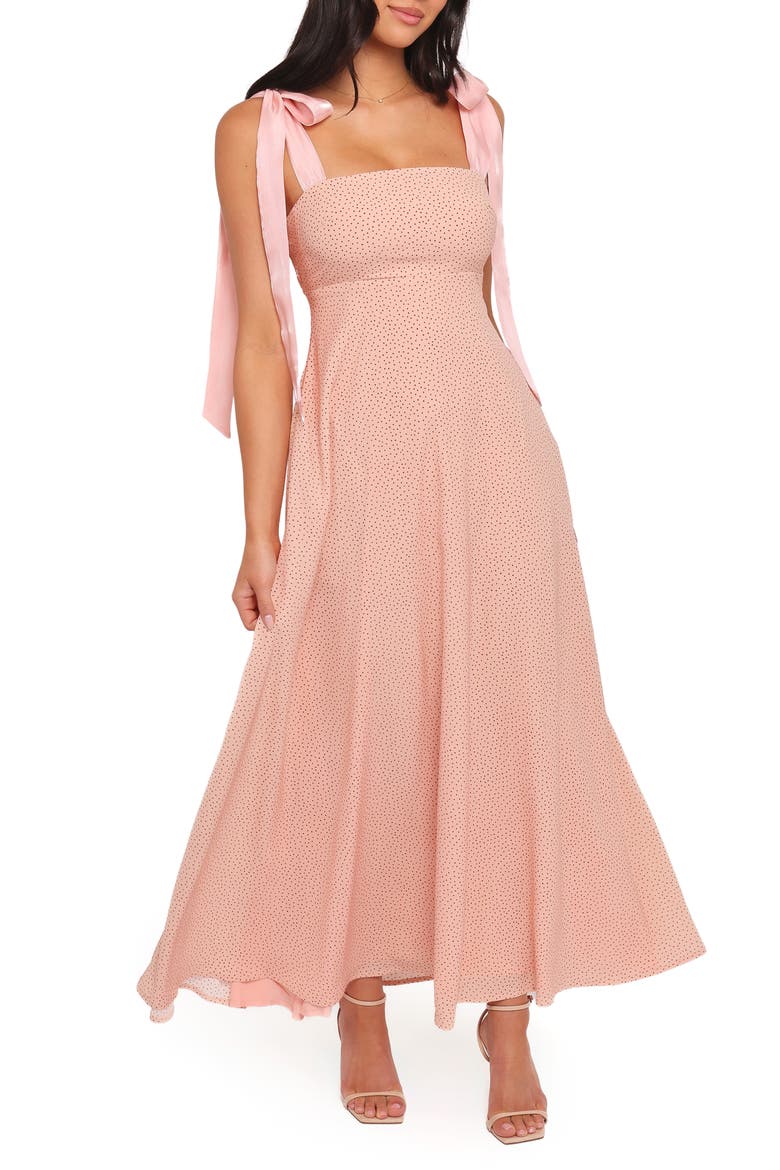 Ellody Polka Dot Tie Shoulder Maxi Dress, Main, color, PEACH POLKA DOT