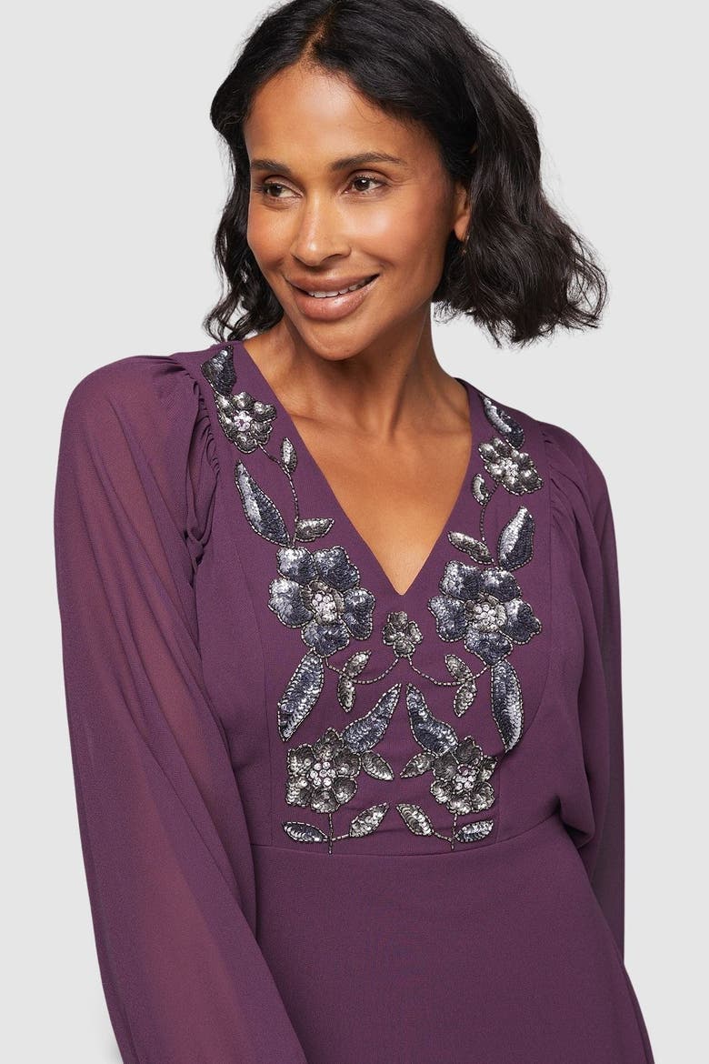 Embellished Balloon Sleeve Midi Dress, Alternate, color, Plum