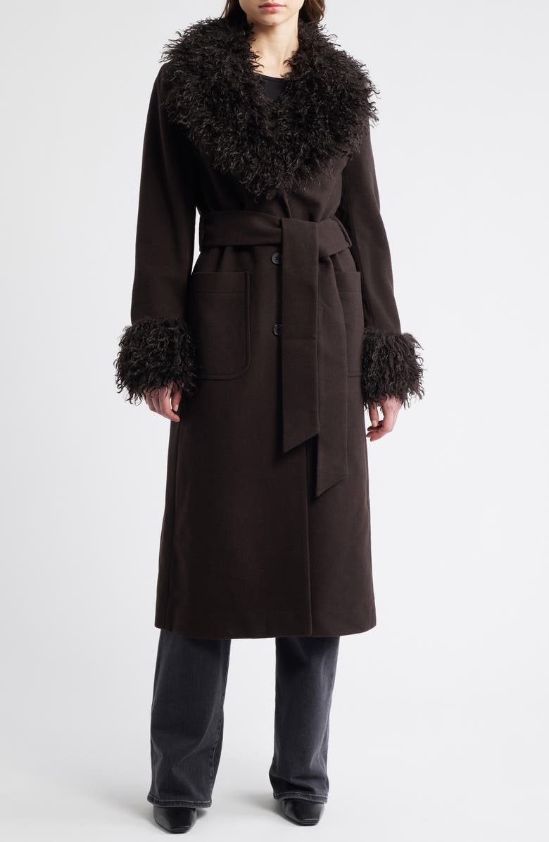 & Other Stories Faux Fur Trim Belted Recycled Wool Blend Coat, Alternate, color, Brown Dark