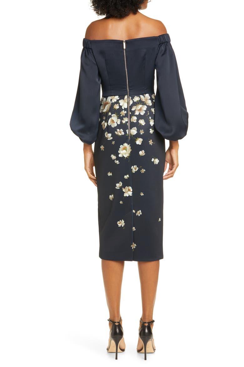 Pearl Floral Off the Shoulder Midi Dress, Alternate, color, NAVY
