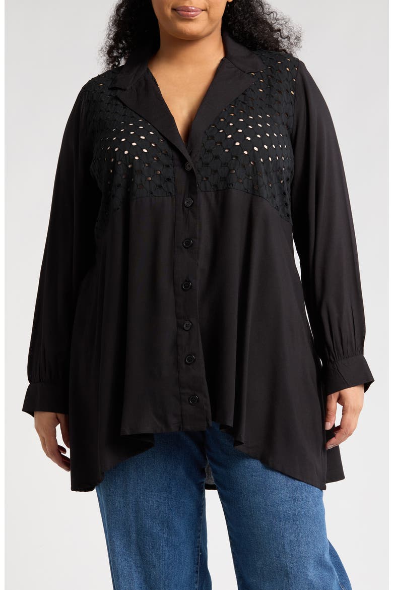 Eyelet Button-Up Shirt, Main, color, BLACK