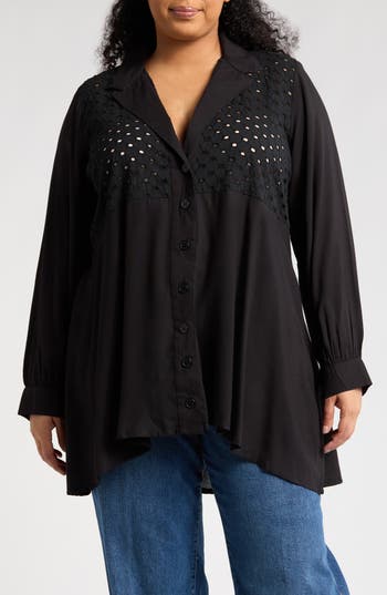 Boho Me Eyelet Button-up Shirt In Black