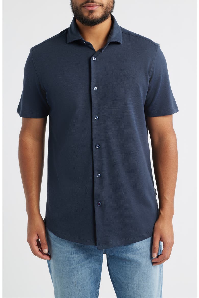 Technical Piqué Knit Short Sleeve Button-Up Shirt, Main, color, NAVY