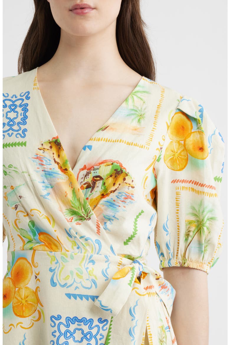 Caterina Postcard Print Linen & Cotton Wrap Minidress, Alternate, color, POSTCARD