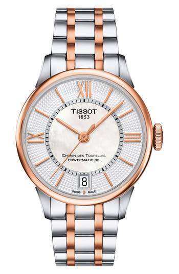 Tissot Chemin Des Tourelles Bracelet Watch, 42mm In White Mother Of Pearl/two Tone