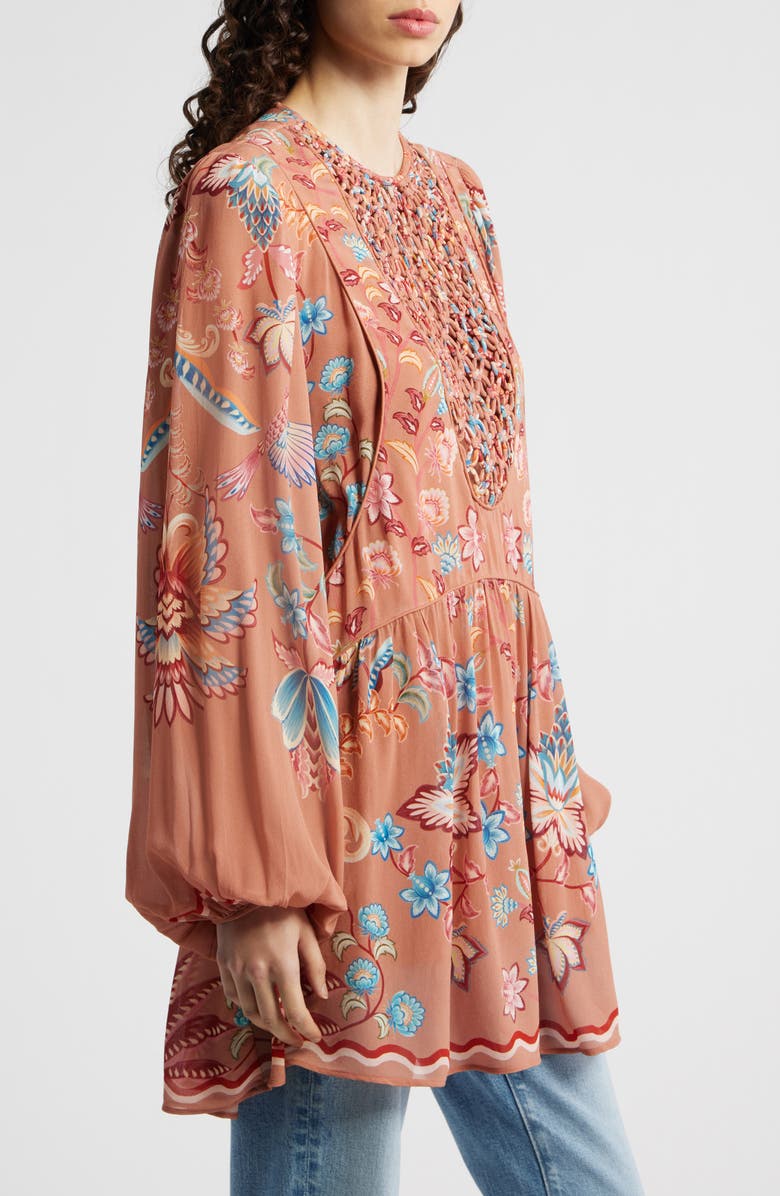 FARM Rio Boho Enchance Long Sleeve Floral Minidress, Alternate, color, Boho Enchance Mocha