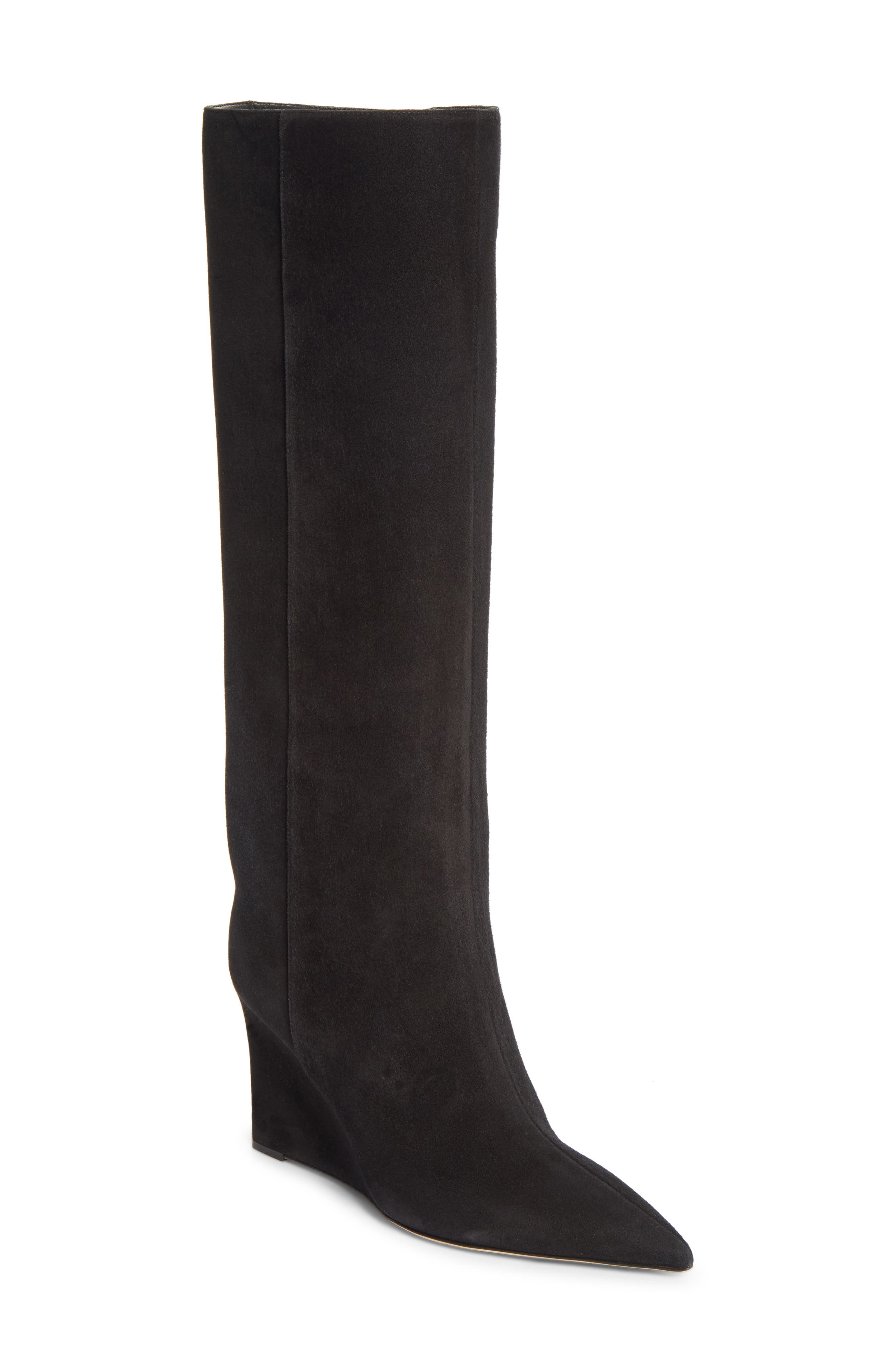 Blake Pointed Toe Knee High Wedge Boot, Main, color, BLACK
