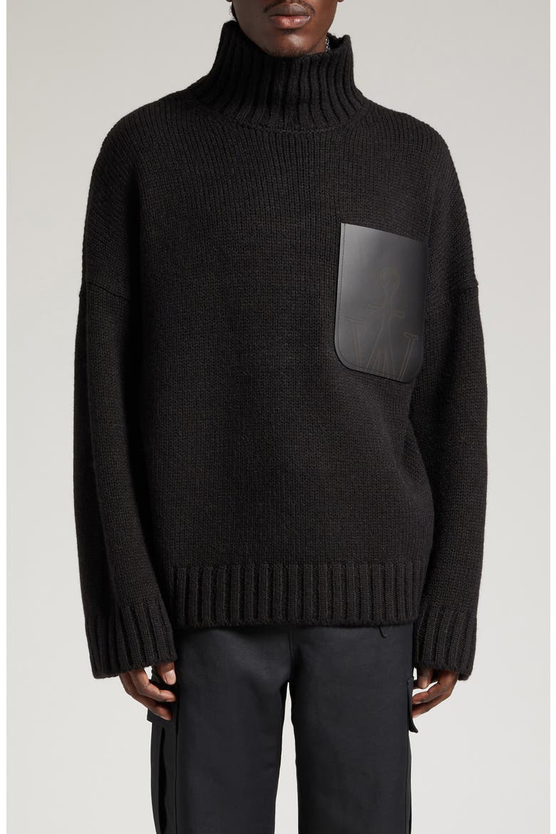 Oversize Padlock Detail Leather Patch Pocket Mock Neck Sweater, Main, color, BLACK
