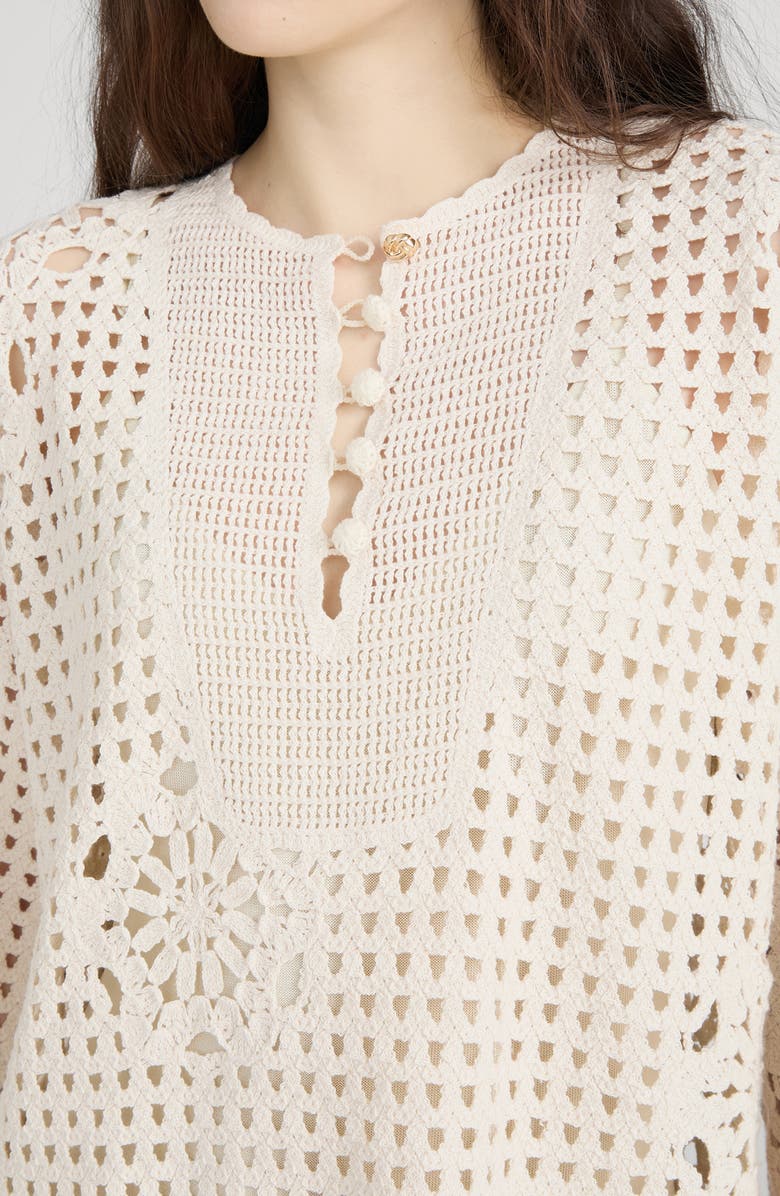 FRAME The Postcard Open Stitch Long Sleeve Cotton Minidress, Alternate, color, Cream