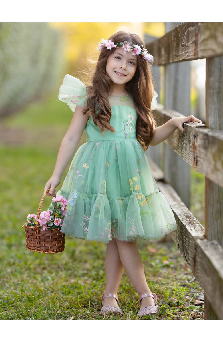 Mia Belle Girls Girls Emerald Fairy Garden Embroidered Floral Tutu Dress, Alternate, color, Green