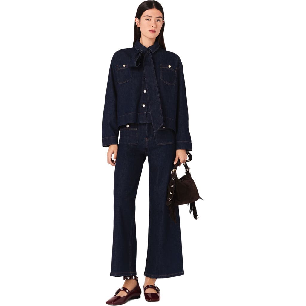 Maje Denim Shirt With Pussy Bow In Blue