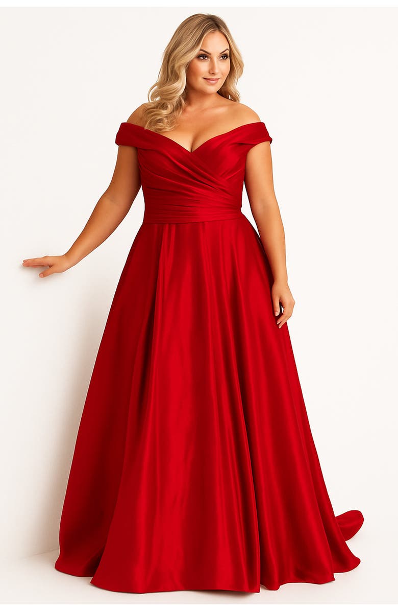 Sydney's Closet Off-the-Shoulder Elegant Satin Evening Ballgown, Main, color, Red