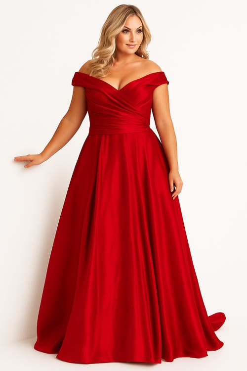 Sydney's Closet Off-the-shoulder Elegant Satin Evening Ballgown In Red