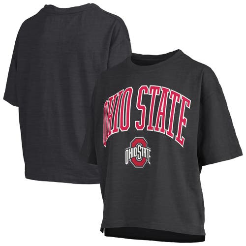 PRESSBOX PRESSBOX BLACK OHIO STATE BUCKEYES NELSON ARCH OVER LOGO WAIST LENGTH OVERSIZED SLUB T-SHIRT