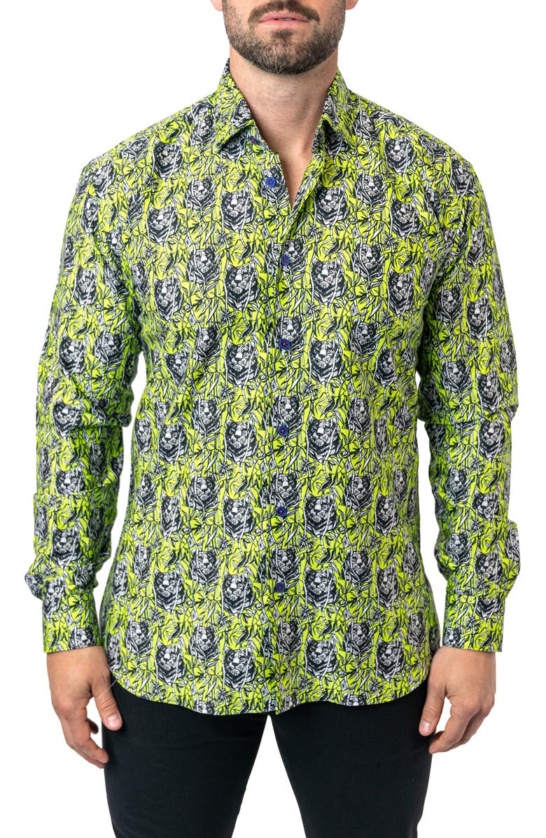 Maceoo Fibonacci Jungle Cotton Button-Up Shirt, Main, color, Green