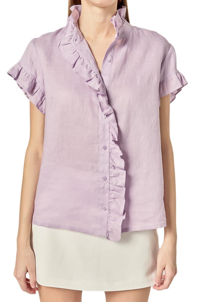 Ruffle Trim Linen Button-Up Shirt, Alternate, color, LILAC