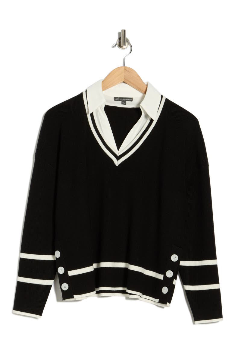 V-Neck Twofer Sweater Top, Alternate, color, BLACK/ IVORY