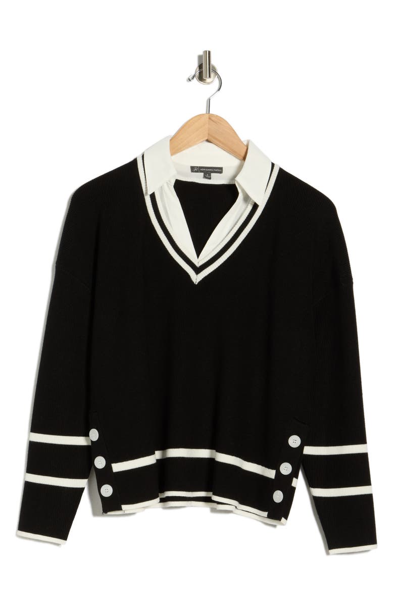 Adrianna Papell V-Neck Twofer Sweater Top, Main, color, Black/ Ivory
