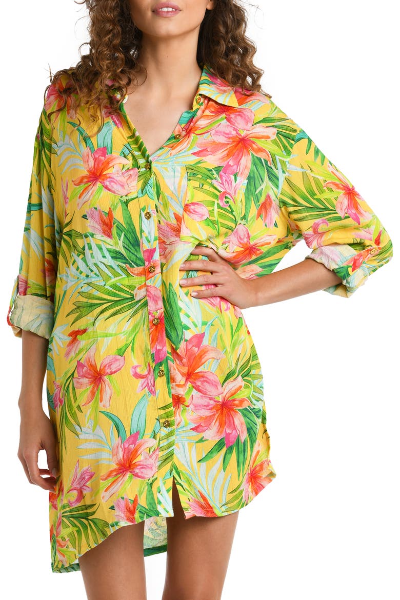 Calypso Button-Up Cover-Up Shirt, Main, color, YELLOW MULTI