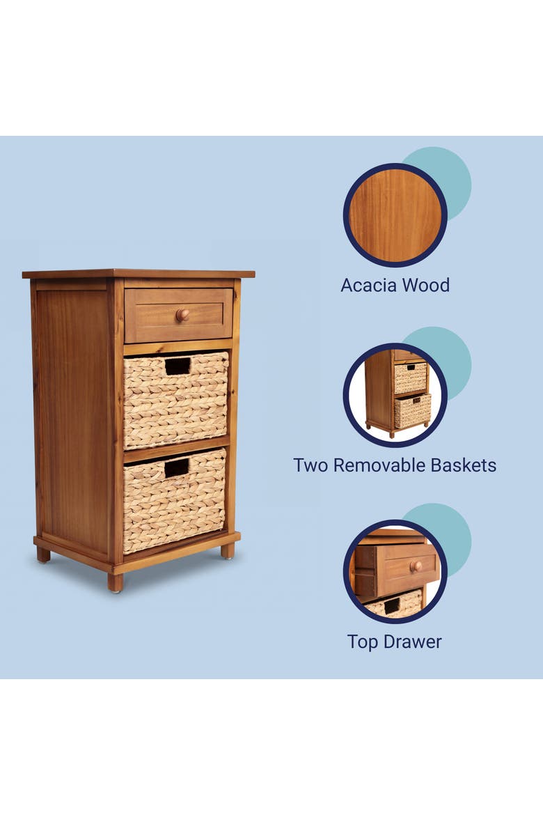 Malibu Rustic Handcrafted Acacia Wood Accent Storage Nightstand with Drawer and 2 Water Hyacinth Woven Baskets, Alternate, color, Natural