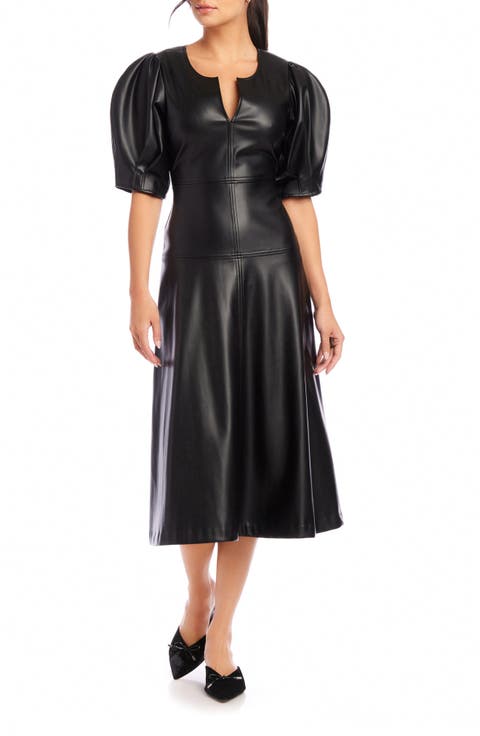 Sierra Puff Sleeve Faux Leather Midi Dress
