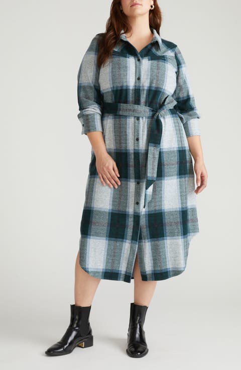 Morgan Long Sleeve Stretch Flannel Midi Shirtdress (Plus)