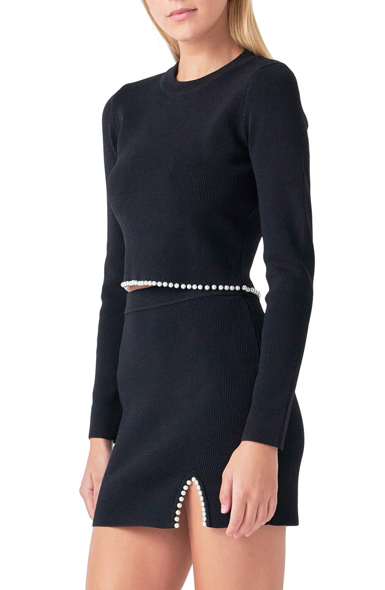 Endless Rose Imitation Pearl Trim Rib Crop Sweater, Alternate, color, Black