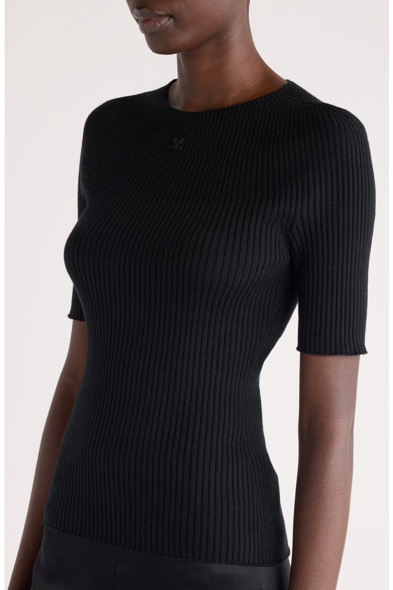 Solar Light Short Sleeve Cotton & Merino Wool Rib Sweater, Alternate, color, BLACK