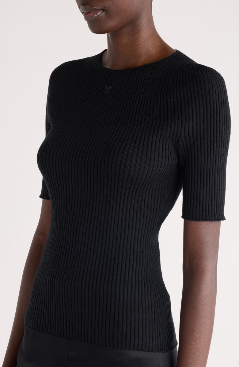 Courrèges Solar Light Short Sleeve Cotton & Merino Wool Rib Sweater, Alternate, color,