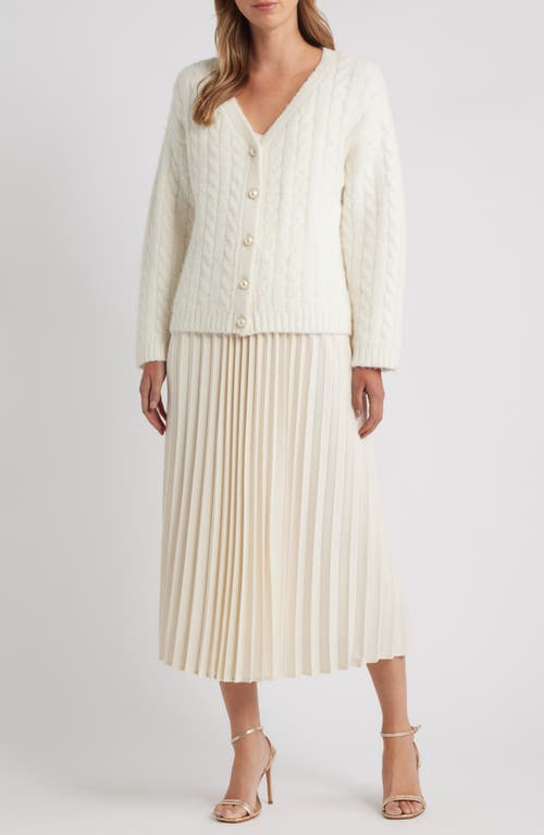 ZOE AND CLAIRE Pleated Slipdress & Cardigan Set in Ivory 