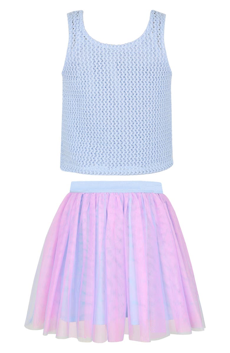 Zunie Kids' Crochet Seashell Sleeveles Top & Tulle Skirt Set, Alternate, color, Blue