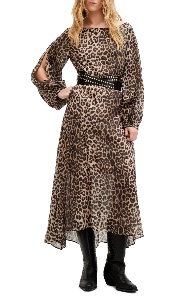 AllSaints Jane Long Sleeve Leopard Print Dress, Alternate, color,