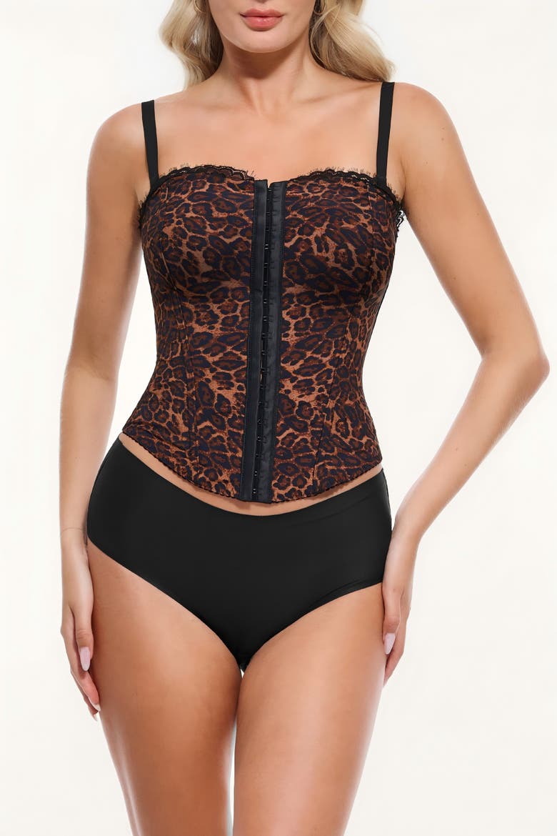 Leopard Lace Faux Denim Detachable Strap Corset Bustier, Alternate, color, Leopard