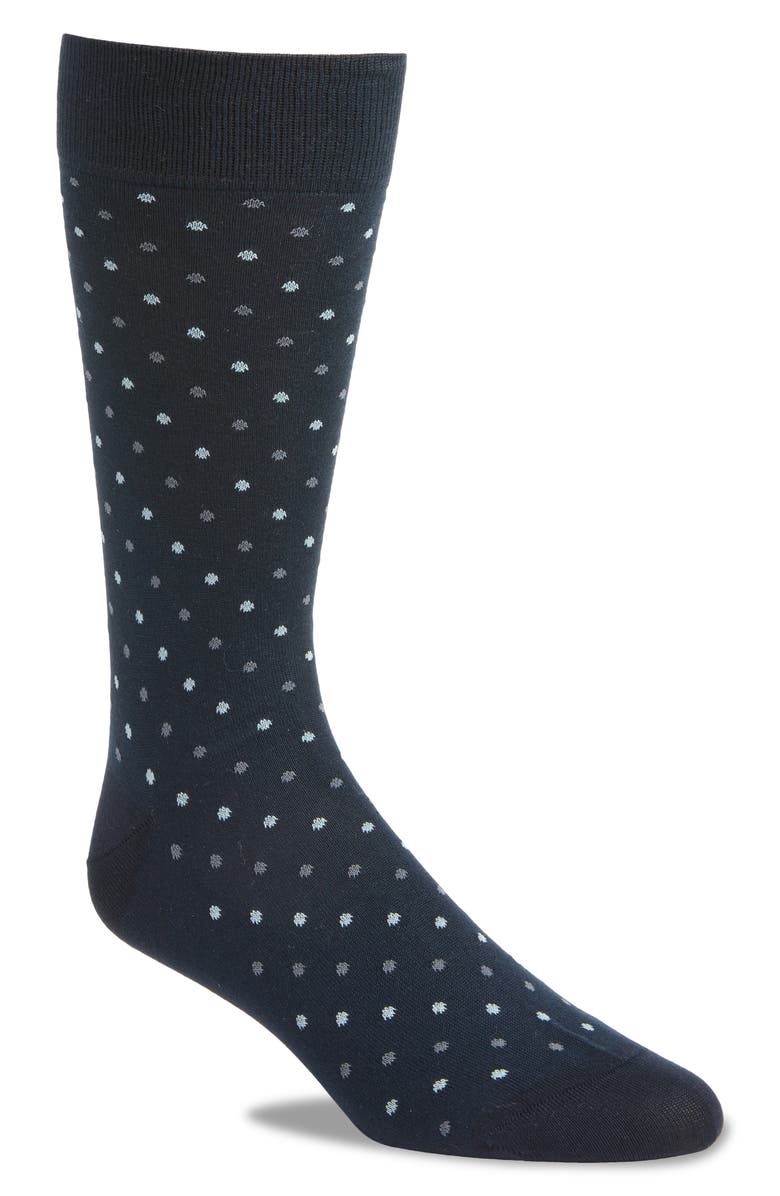 Pantherella Needham Dot Pattern Tall Cotton Blend Dress Socks, Main, color, Navy