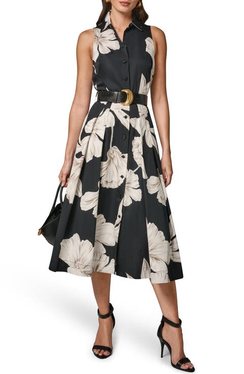 Floral Sleeveless Stretch Cotton Midi Shirtdress