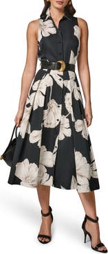 Donna Karan New York Floral Sleeveless Stretch Cotton Midi Shirtdress