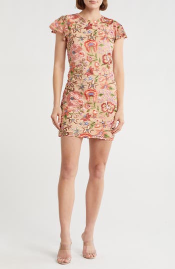 Sam Edelman Peony Floral Embroidered Cap Sleeve Dress In Gold